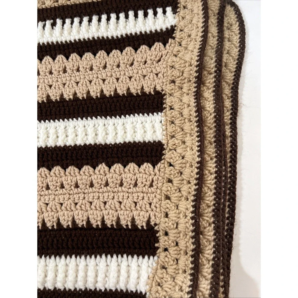 VTG Handmade Crochet Blanket Afghan 70 X 52 Brown/Cream/White Cottagecore Granny